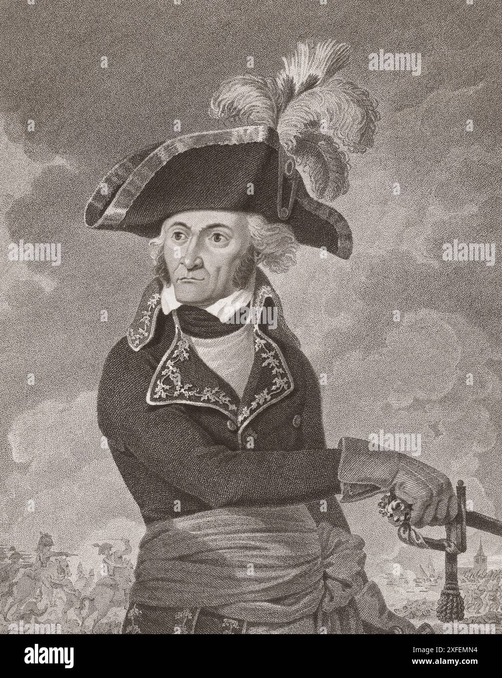 Guillaume Marie-Anne Brune, 1. Graf Brune, 1764–1815. Französischer Militärkommandeur, Marschall des Reiches und politische Persönlichkeit, die während der Französischen Revolutionskriege und der Napoleonischen Kriege diente. Gesehen hier während der Schlacht von Castricum, 1799. Nach einem Stich von Christiaan Josi, nach Cornelis van Cuylenburgh. Stockfoto