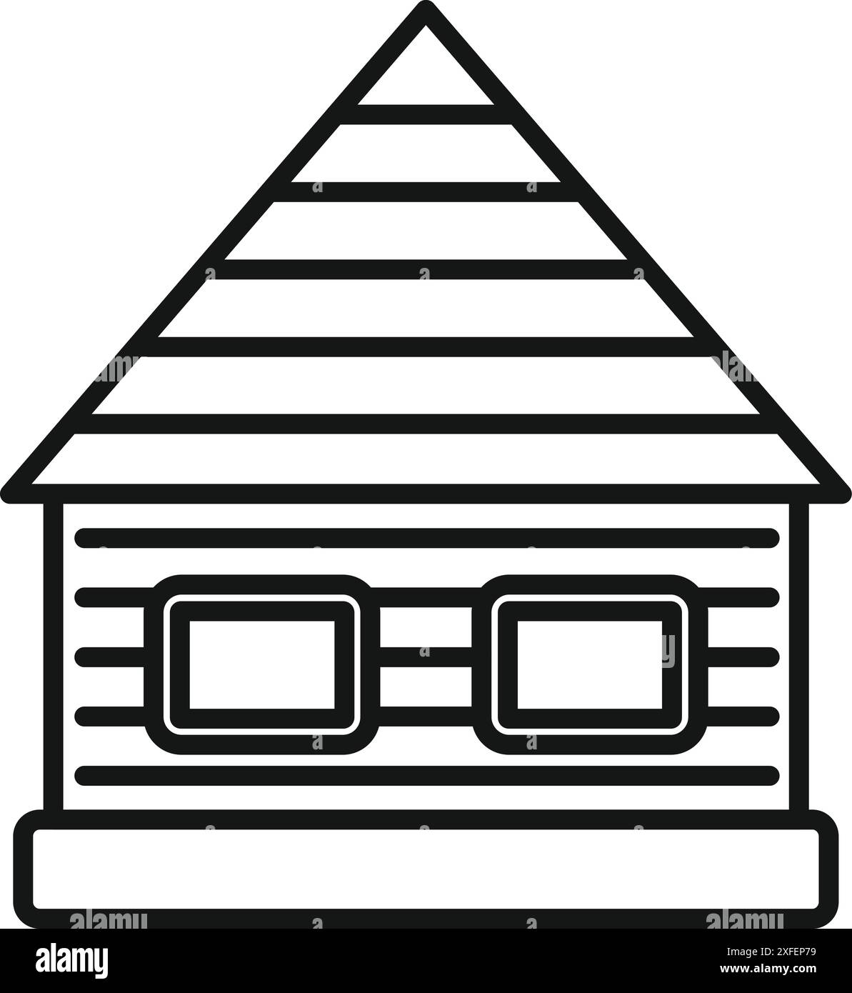 Line Art Ikone eines kleinen Holzbungalows mit zwei quadratischen Fenstern und einem dreieckigen Dach Stock Vektor