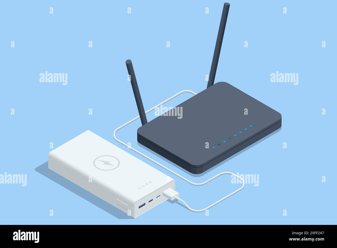 Isometrische Powerbank und Router im Hintergrund isoliert. Elegantes Ladegerät, wiederaufladbarer Akku. Tragbares Ladegerät Stock Vektor