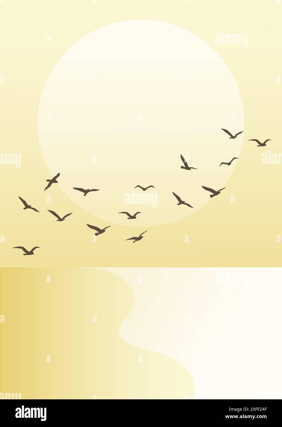 Meer am Morgen und fliegende Vögel Illustration Poster. Miami am Meer mit fliegenden Möwen am Himmel. Minimalistischer Farbverlauf Cartoon 2D-Kunst. Trendiges c Stock Vektor