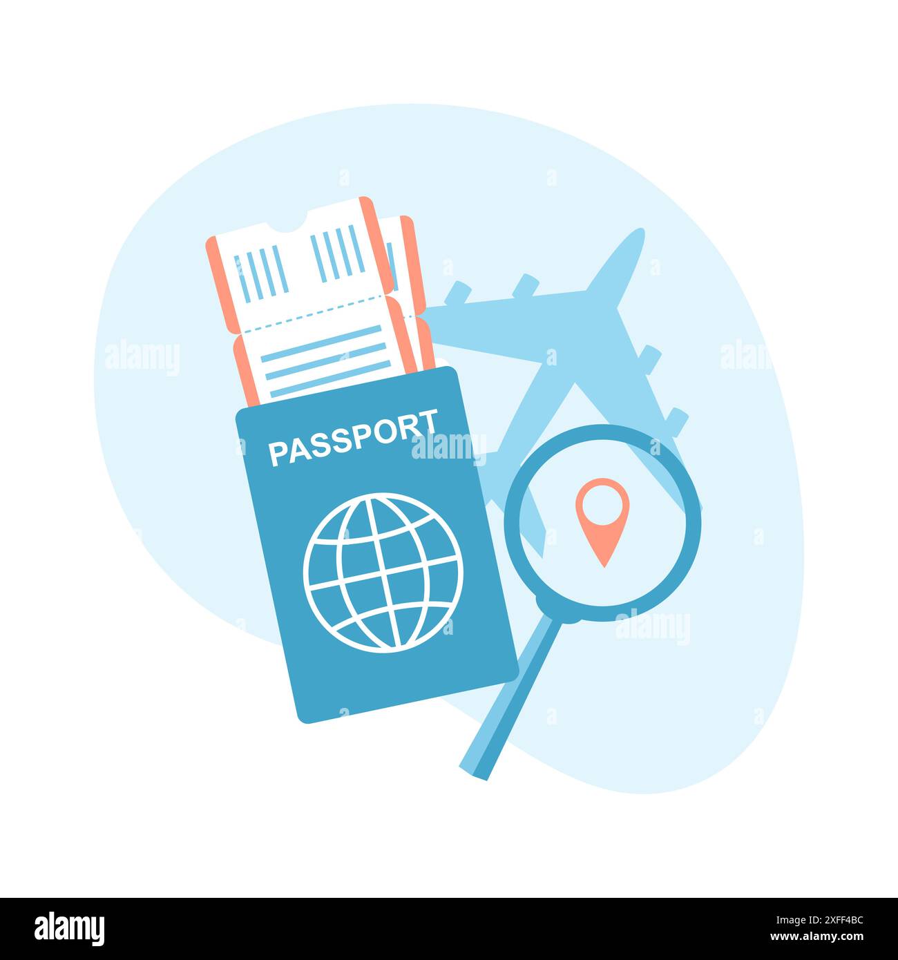 Reiseplanung. Reisepass mit Flugtickets, Lupe und Flugzeug. Illustration des flachen Vektors Stock Vektor