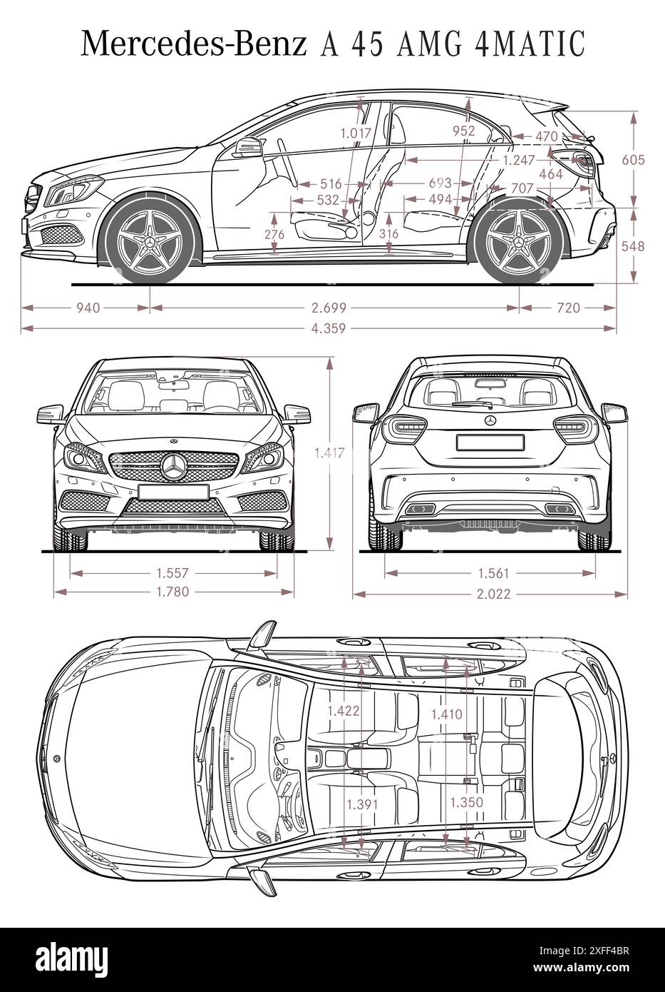 Mercedes Benz A 45 AMG 2014-Bauplan Stock Vektor