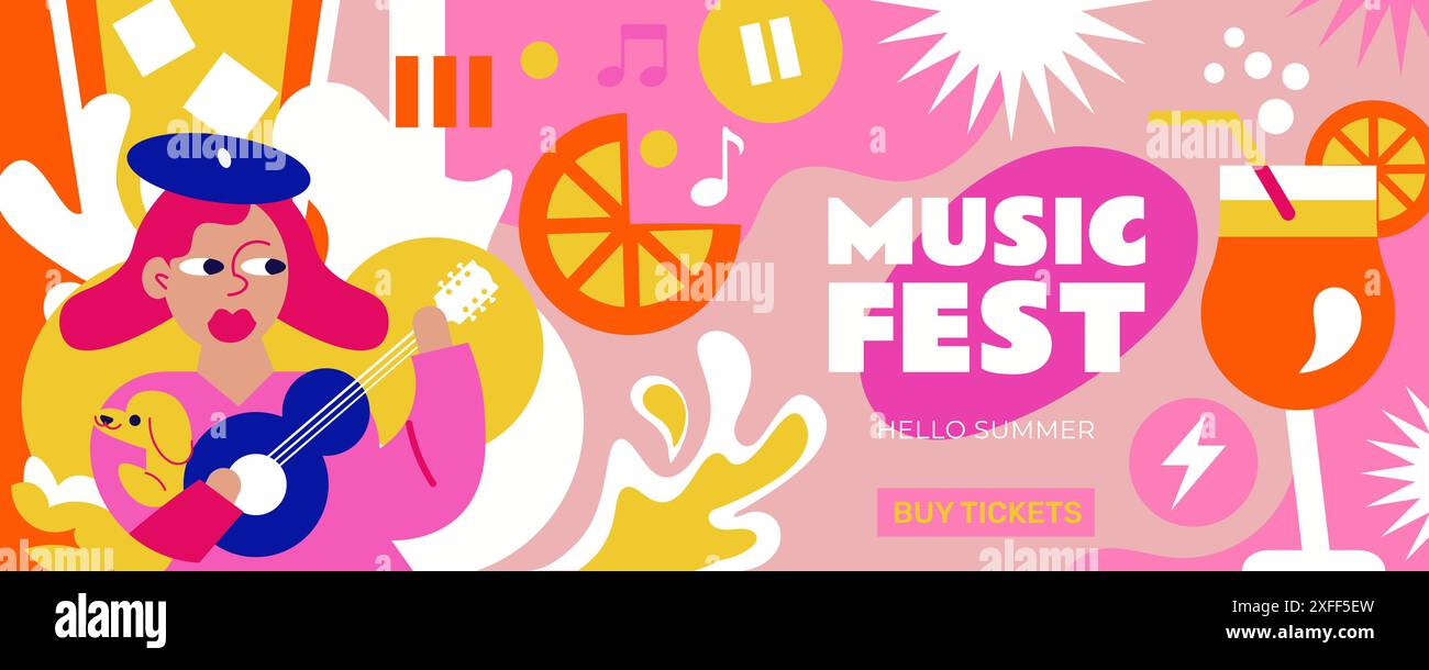 Sommer-Musikfestival-Banner zur Eröffnung der warmen Jahreszeit. Frische Atmosphäre, kühle Drinks, Musik, eine Frau, die Gitarre spielt. Perfekt für Sommerpartys Stock Vektor