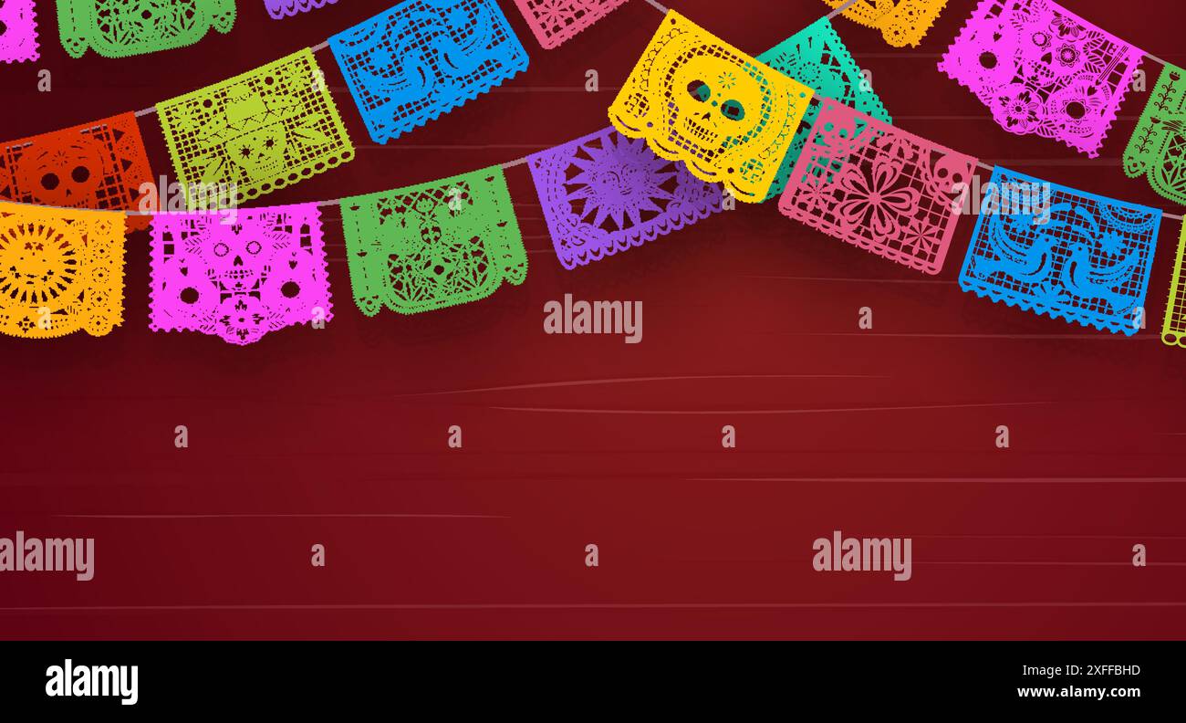 Mexikanischer Feiertagshintergrund mit papiergeschnittenen Picadoflaggen Girlanden. Vektor festliche Fahnen von Cinco de Mayo und Dia de Los Muertos mit Catrina Calavera Zuckerschädel, Blumen und Vogelmuster Stock Vektor