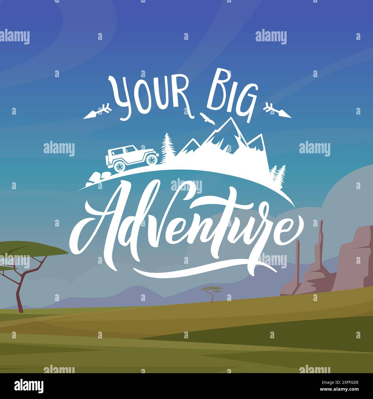 Felsenlandschaft im Freien. Adventure Time Emblem mit Zeichentrickhintergrund einer wunderschönen Landschaft Stock Vektor