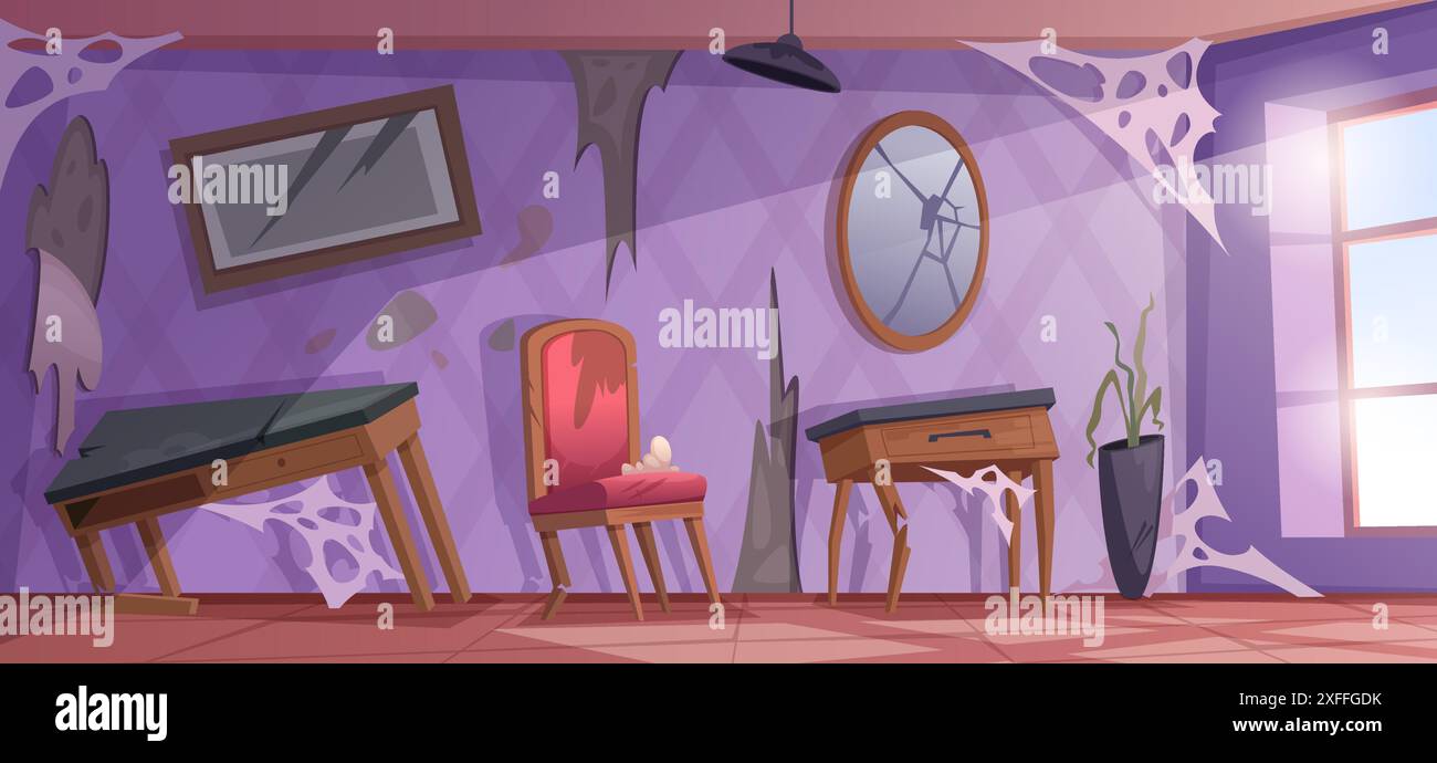 Defekter Innenraum. Beschädigte Möbel im alten Stil Innenraum gerissene Sofas schmutzige Stühle im Wohnzimmer exakte Vektorhintergrund Stock Vektor