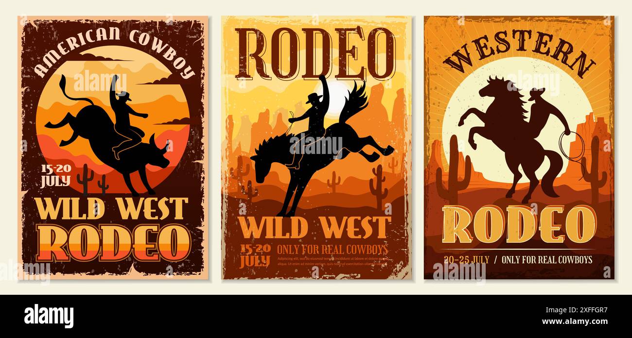 Westliches Poster. Cowboys-Rodeo aktuelle Vektor-Vintage-Plakate im alten Stil mit Platz für Text Stock Vektor