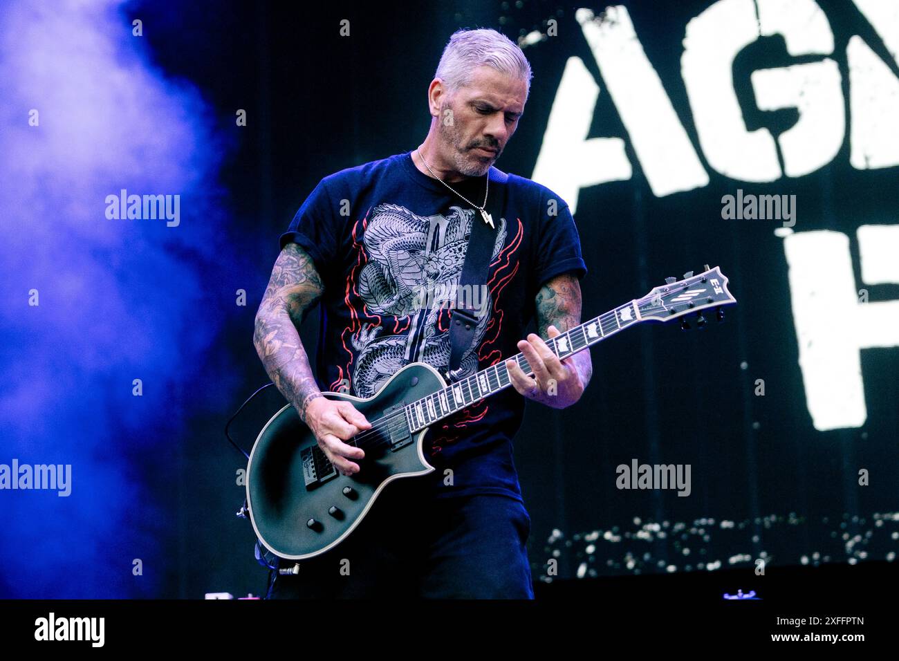 Mailand, Italien. Juli 2024. Craig Silverman von Agnostic Front tritt am 2. Juli 2024 live beim Rugby Sound Festival in der Nähe von Milano auf (Foto: Mairo Cinquetti/NurPhoto). Quelle: NurPhoto SRL/Alamy Live News Stockfoto