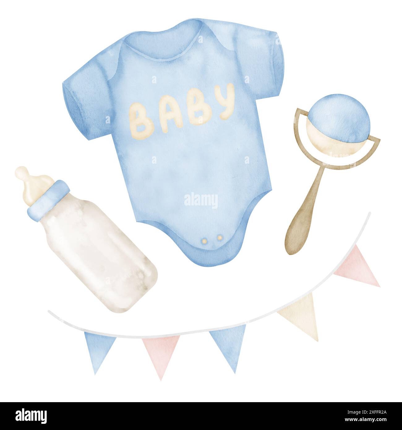 Wasserfarbenset für Jungen. Zeichnung von Kinderbody, Flasche für Milch, Rasselspielzeug und Girlande in pastellblauen Farben auf isoliertem Hintergrund. Kinderkleidung für Neugeborene Grußkarten oder Geburtstagskarten. Stockfoto