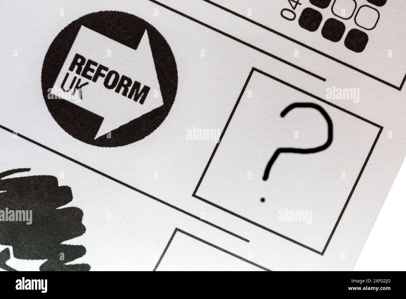 Verdorbener, verdorbener Stimmzettel für die bevorstehenden Parlamentswahlen 2024 in Großbritannien - Wasting Vote Reform UK Stockfoto