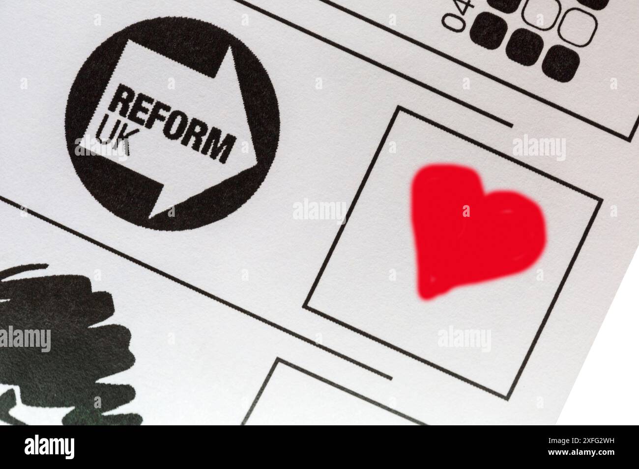 Verdorbener, verdorbener Stimmzettel für die bevorstehenden Parlamentswahlen 2024 in Großbritannien - Wasting Vote Reform UK Stockfoto