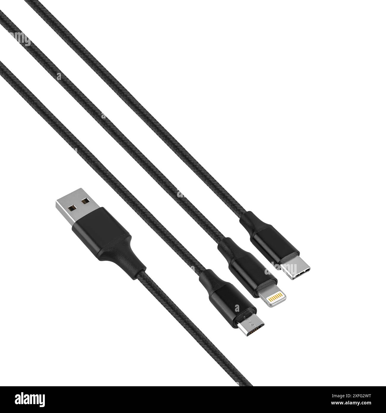 Kabel mit USB-, Typ-C-, Lightning- und Micro-USB-Anschluss, auf weißem Hintergrund in Isolierung Stockfoto