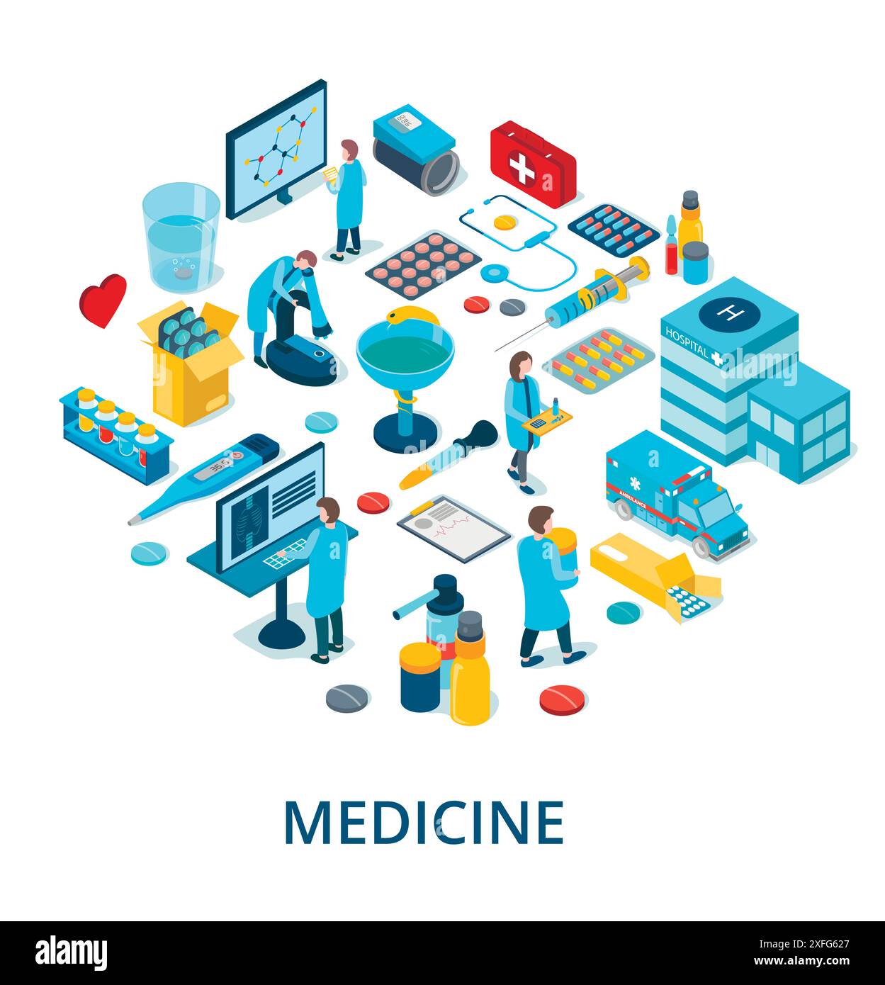 Vektorsymbole Satz von Medizin- und Gesundheitsobjekten, isometrischer 3D-Stil, für Grafik und Web Stock Vektor