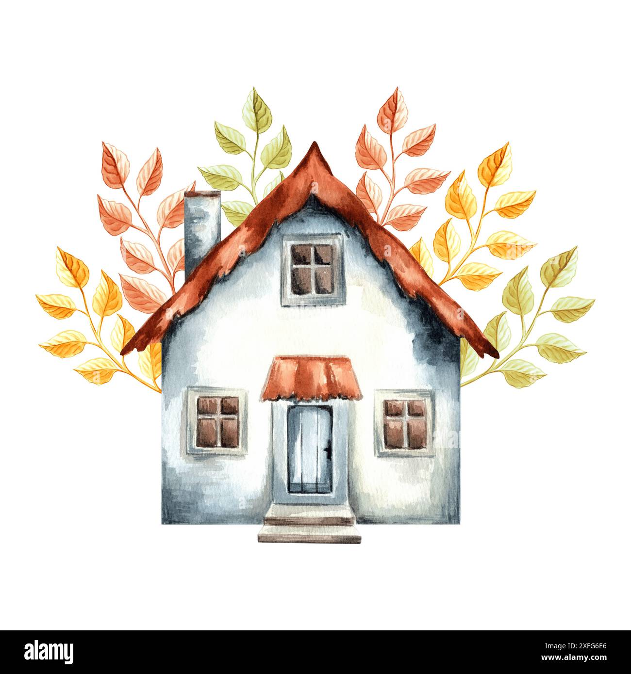 Dorfhaus. Herbstgarten gemütliches Landhaus. Handgezeichnete Aquarellillustration isoliert. Fassade im provenzalischen Stil. Waldhütte im Vintage-Stil Stockfoto