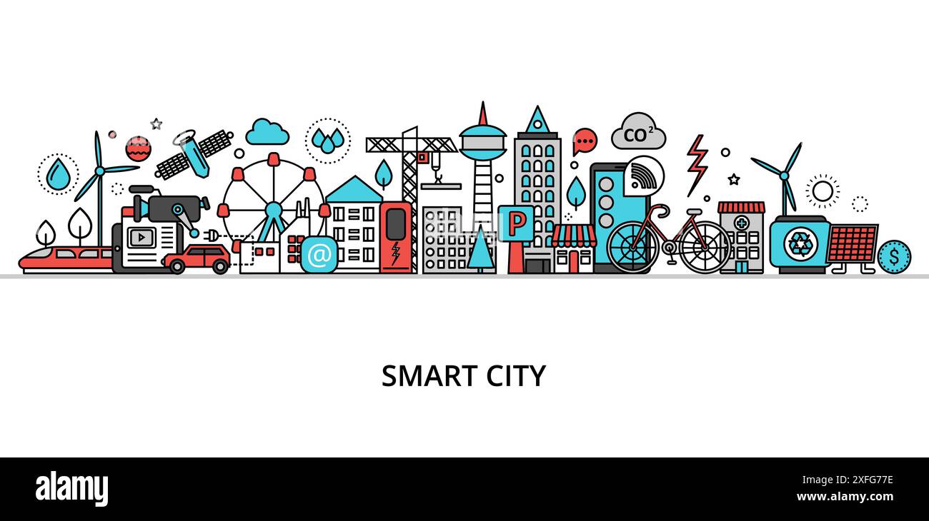 Konzept der intelligenten Stadt, Technologien der Zukunft und urbane Innovationen, modernes Flat Line Design, für Grafik- und Webdesign Stock Vektor