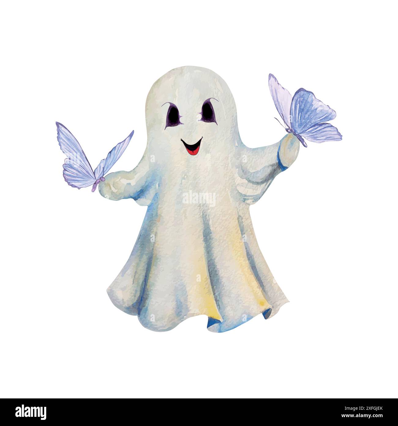 Geist im Laken, blaue Schmetterlinge, Aquarelle. Handgezeichnete Vektorgrafik. Für Halloween Grußkarten, Einladungen, große Feiertagsbanner, Post Stock Vektor