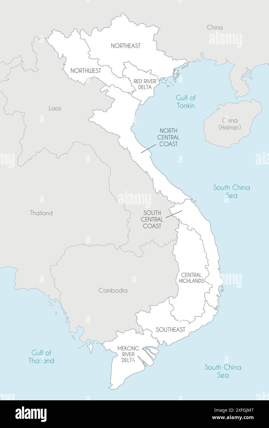 Vektorkarte von Vietnam mit Regionen und Verwaltungsbereichen sowie Nachbarländern und Gebieten. Bearbeitbare und klar beschriftete Ebenen. Stock Vektor