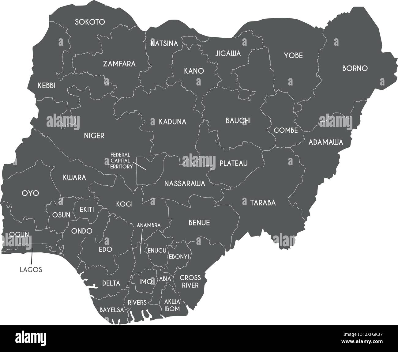 Vektor-Regionalkarte von Nigeria mit staaten und Verwaltungseinheiten. Bearbeitbare und klar beschriftete Ebenen. Stock Vektor