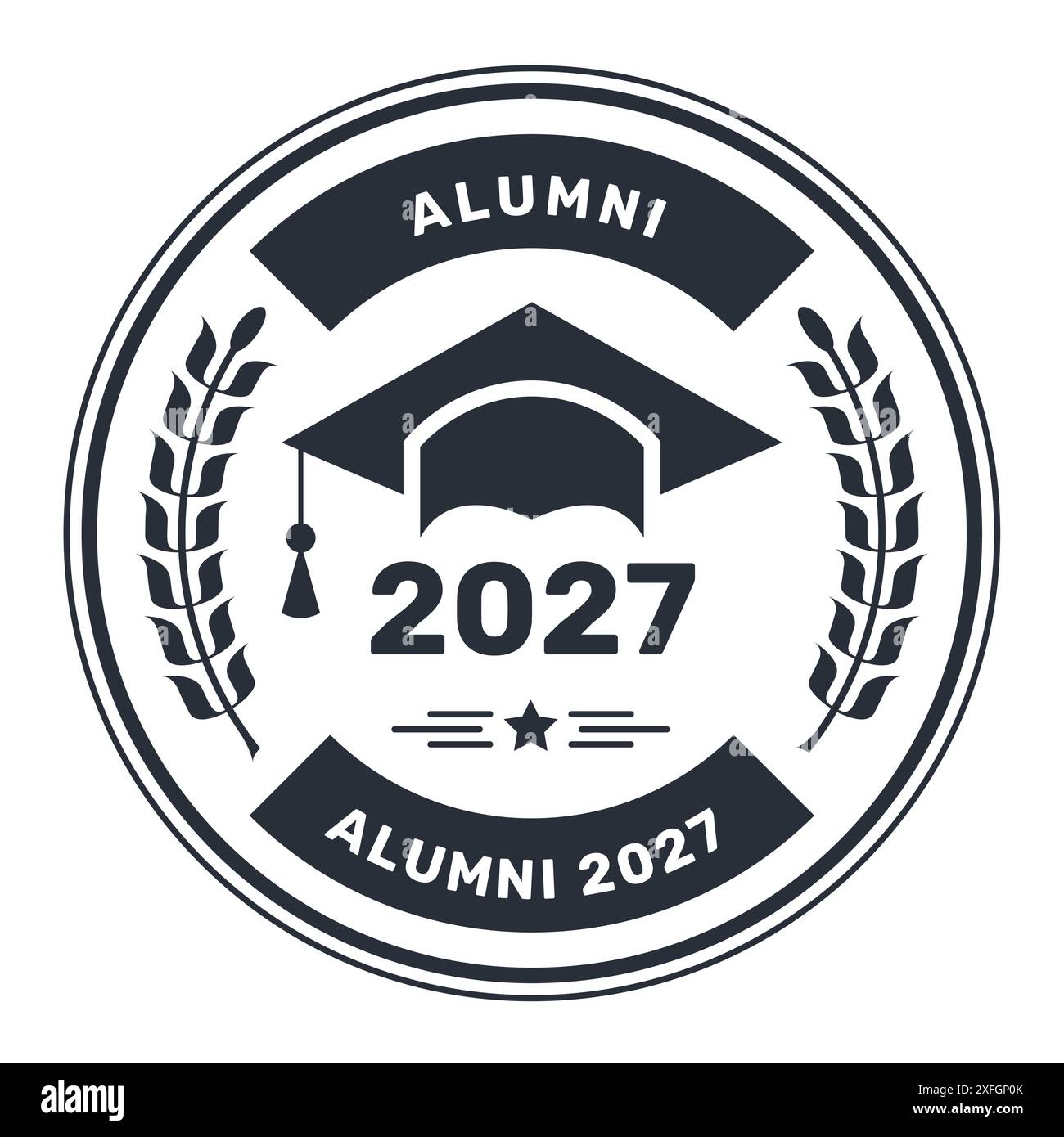 Jährliches Emblem der Alumni, Studentenmütze und Lorbeerkranz, Schulabbrecherstempel, Vektor Stock Vektor