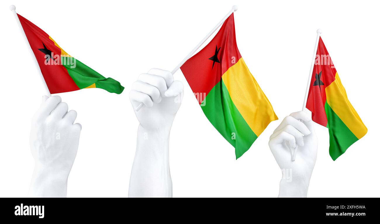 Hände schwenken Guinea-Bissau-Flagge isoliert auf weiß. 3D-Rendering Stockfoto