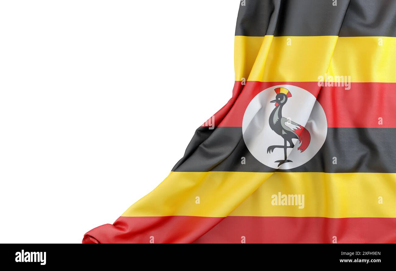 Flagge von Uganda mit leerem Platz auf der linken Seite. Isoliert. 3D-Rendering Stockfoto