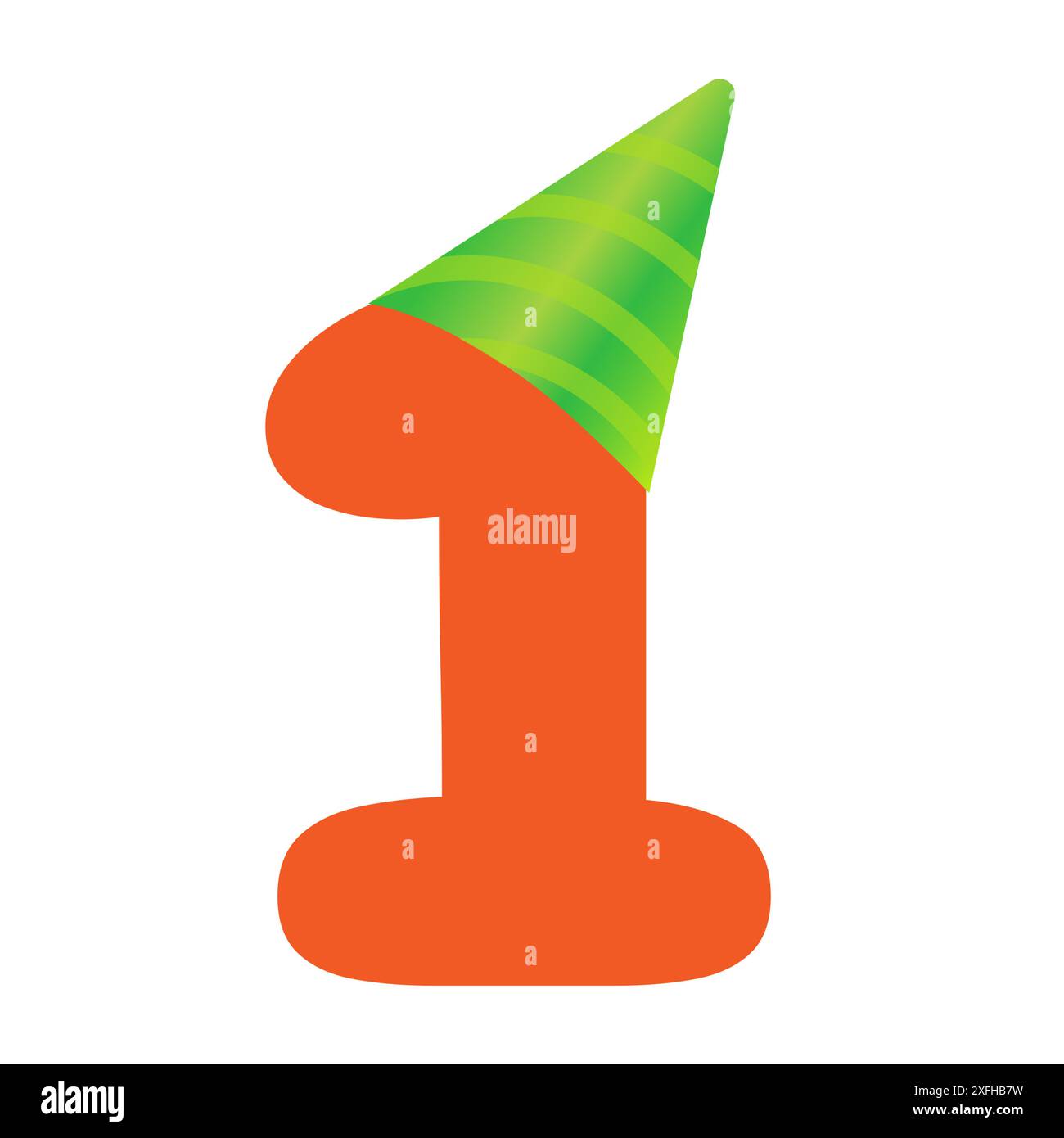 1 Jahr Geburtstagsfeier. Orange Nummer 1 mit grünem Partyhut auf weißem Hintergrund. Wird für Geburtstage, Firmenjubiläen verwendet. Stock Vektor