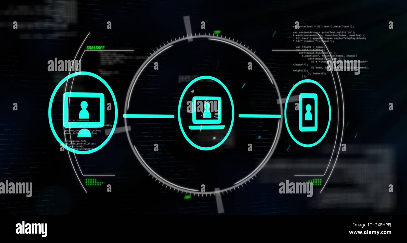 Abbildung eines Flussdiagramms mit Symbolen und Kreisen über Computersprache vor schwarzem Hintergrund Stockfoto