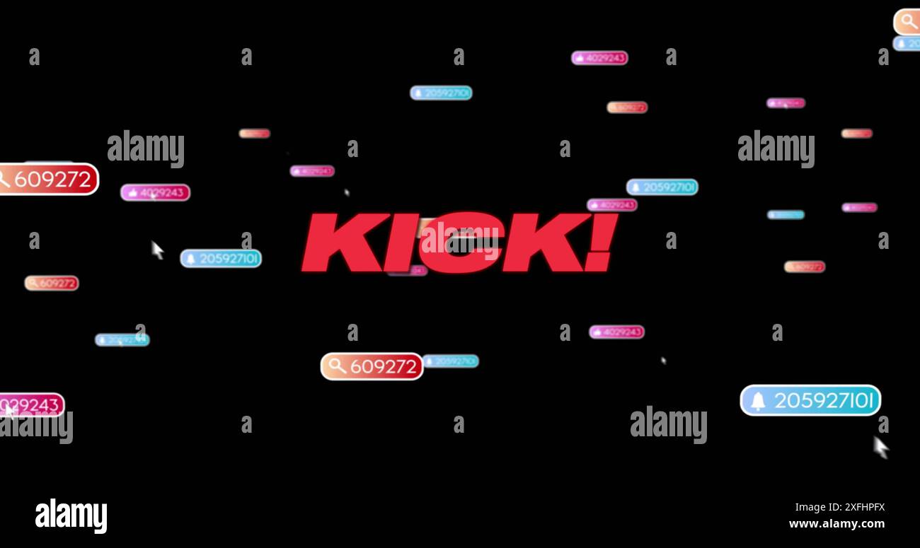 Bild des roten Kicktextes über Benachrichtigungen in sozialen Medien auf schwarzem Hintergrund Stockfoto