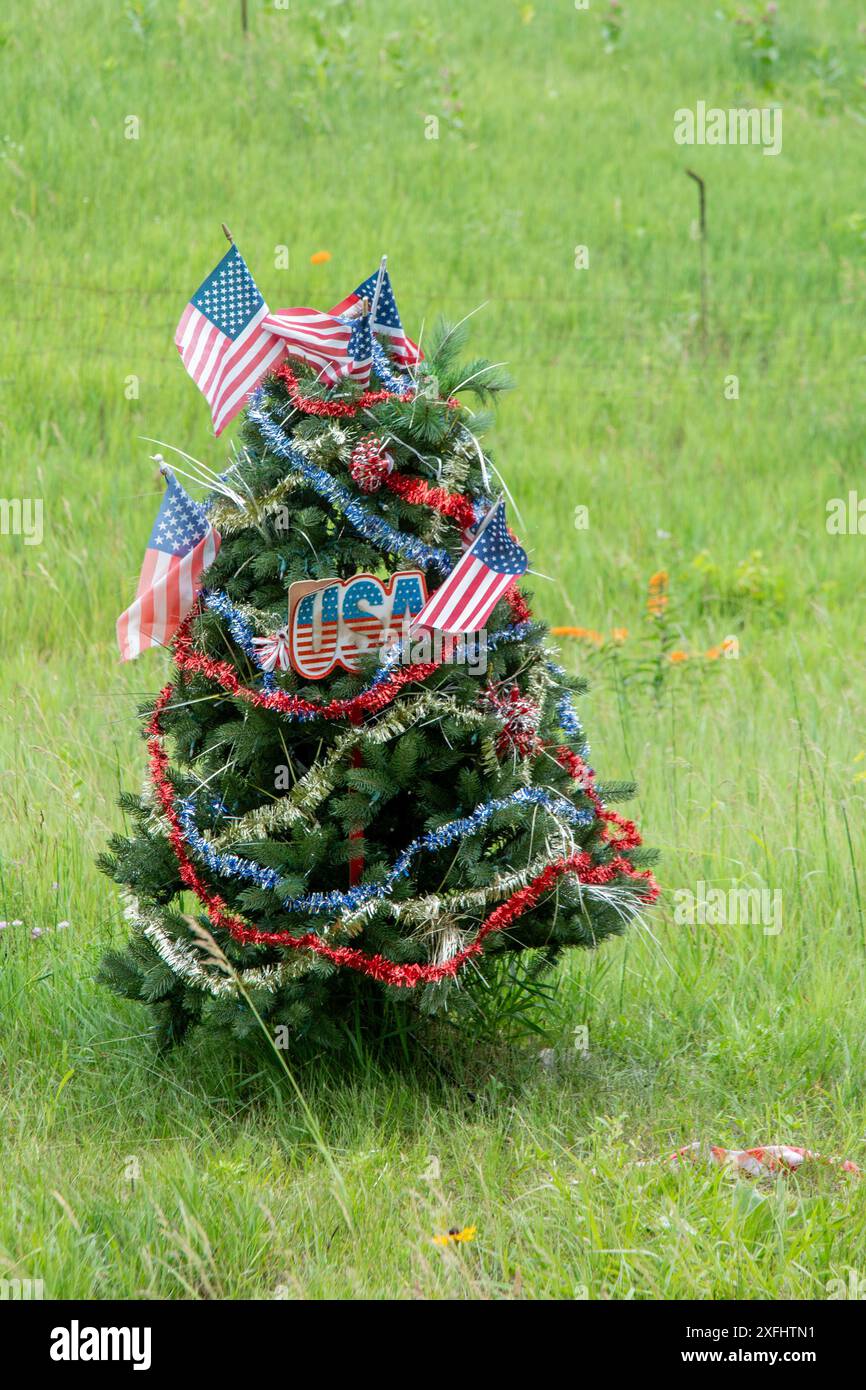 Yankee Springs Twp., Michigan - Eine Kiefer, dekoriert als patriotischer Weihnachtsbaum, im Sommer am Straßenrand in Yankee Springs Recreation Stockfoto