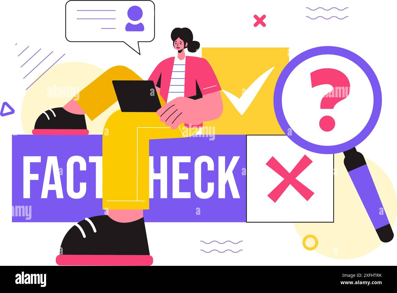 Fakt- oder Fake-Check-Nachrichten Vektor-Illustration mit Mythen vs. Fakten für gründliche Verifizierung und Evidenzvergleich in einem flachen Cartoon-Stil Hintergrund Stock Vektor