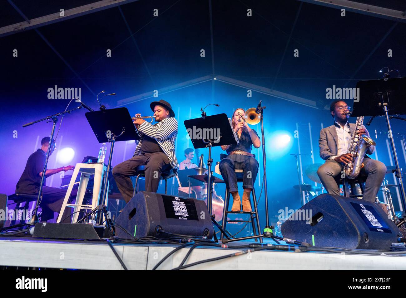 Montreal, Kanada, 3. Juli 2024. Die Band Mariel Bildsten Septet tritt auf dem Montreal Jazz Festivakl in Montreal, Kanada, auf. Quelle: Robert-Durand/Alamy Live News Stockfoto