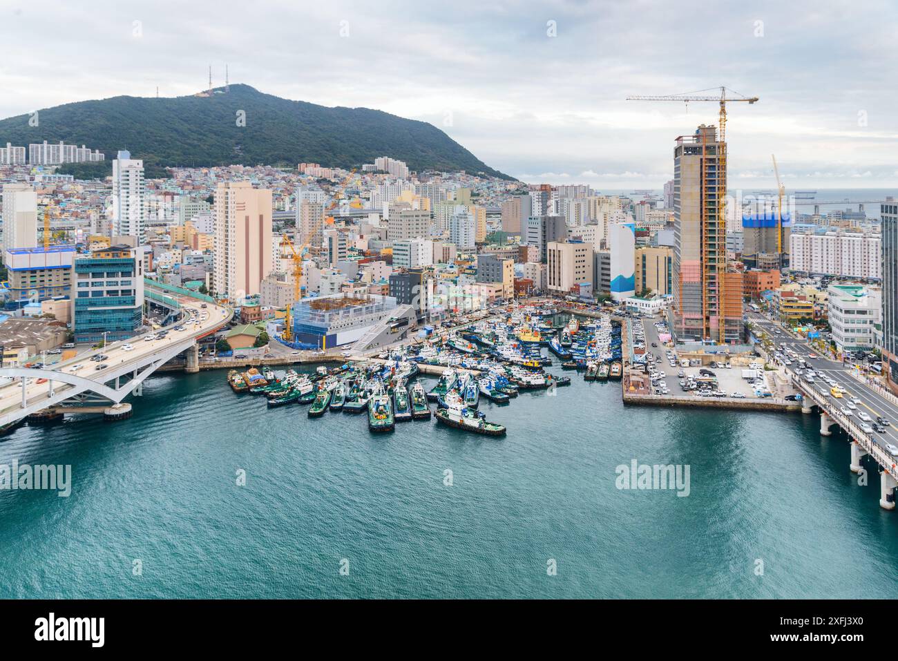 Blick von oben auf Schiffe, die am Hafen von Busan in Südkorea geparkt sind. Malerische Insel Yeongdo. Fantastische Stadtlandschaft. Stockfoto