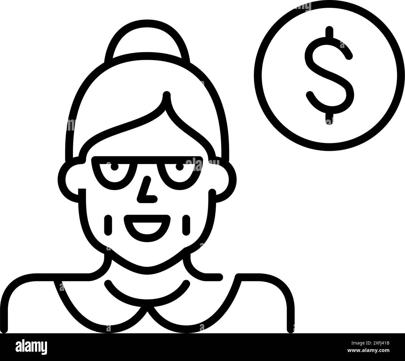 Ältere Frau mit Brötchen in Brille und Dollarzeichen. Senioreneinkommen, Spareinlagen und Altersvorsorgepläne. Pixel Perfect Vektor-Symbol Stock Vektor