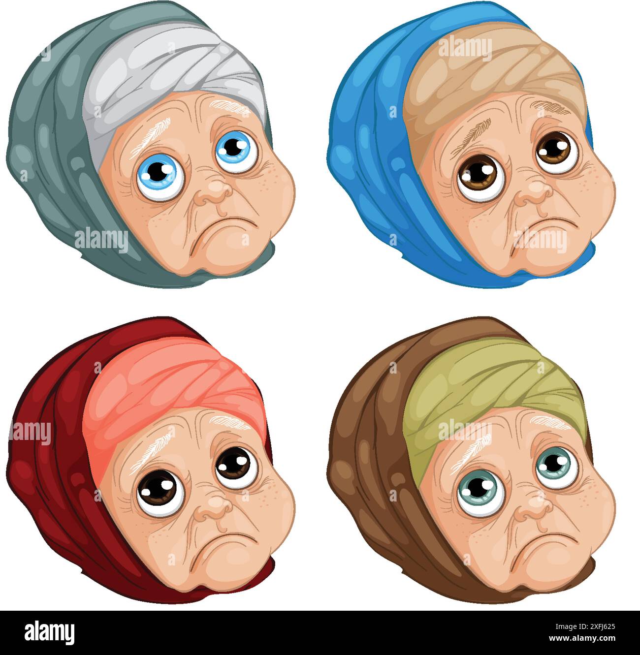 Vier ältere Frauen mit verschiedenfarbigen Kopftüchern Stock Vektor