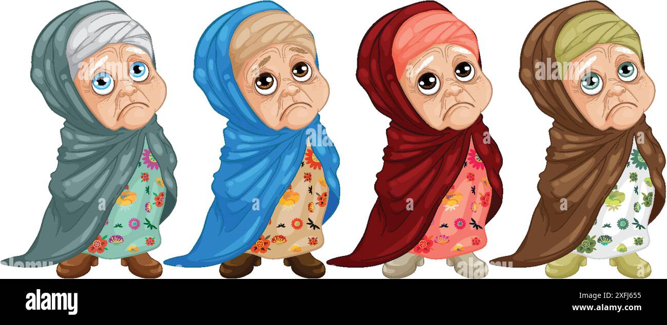 Vier ältere Frauen in farbenfrohen Hijabs und Kleidern Stock Vektor