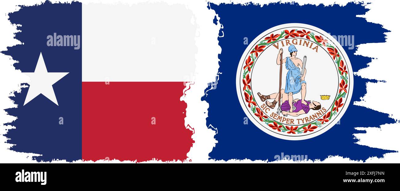 Virginia und Texas staaten Grunge Pinsel Flags Verbindung, Vektor Stock Vektor