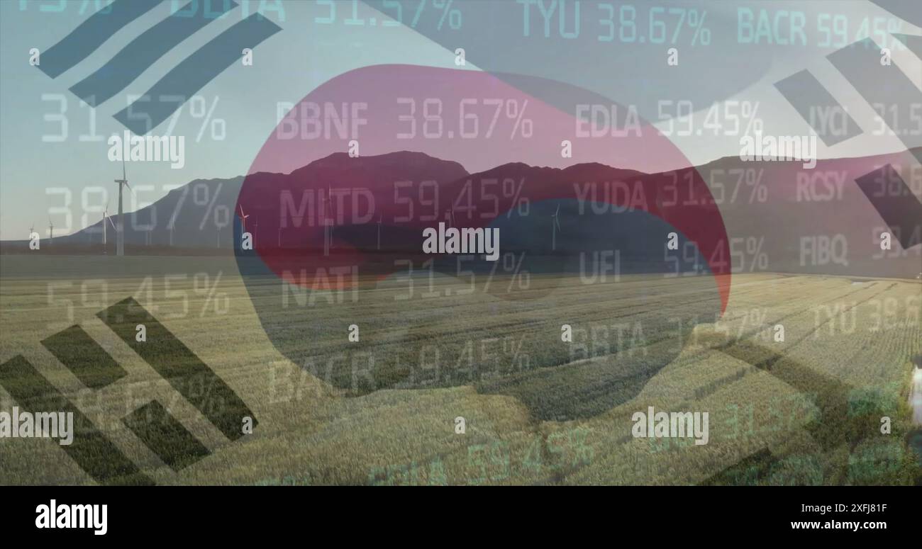 Bild der Verarbeitung von Finanzdaten über der Flagge südkoreas und Windturbinen Stockfoto