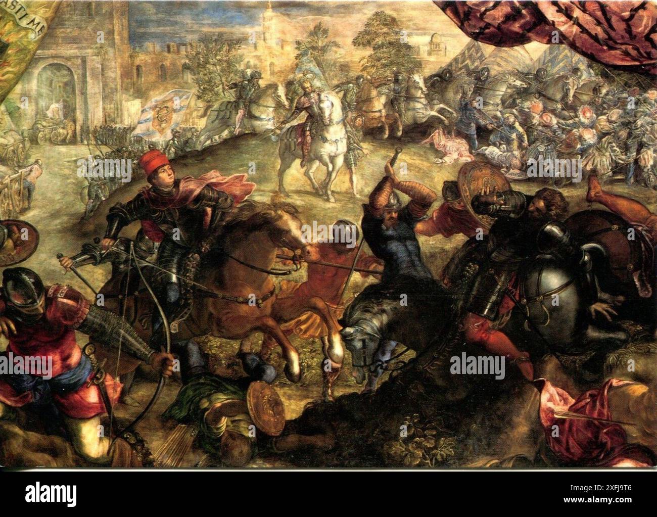 Federico i Gonzaga hebt die Schweizer Belagerung von Legnano Tintoretto aus Fasti des Gonzagas oder Gonzaga Zyklus 1578-1580 von Gemälden ab, die von Tintoretto und seiner Werkstatt von Guglielmo Gonzaga in Auftrag gegeben wurden Stockfoto