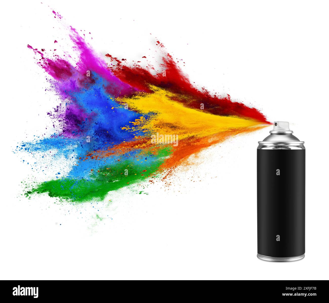 Schwarze Spraydose mit buntem Regenbogenfarbe Explosionspulver isoliert auf weißem Hintergrund. Graffiti und abstrakte Kunstindustrie Hintergrund Stockfoto