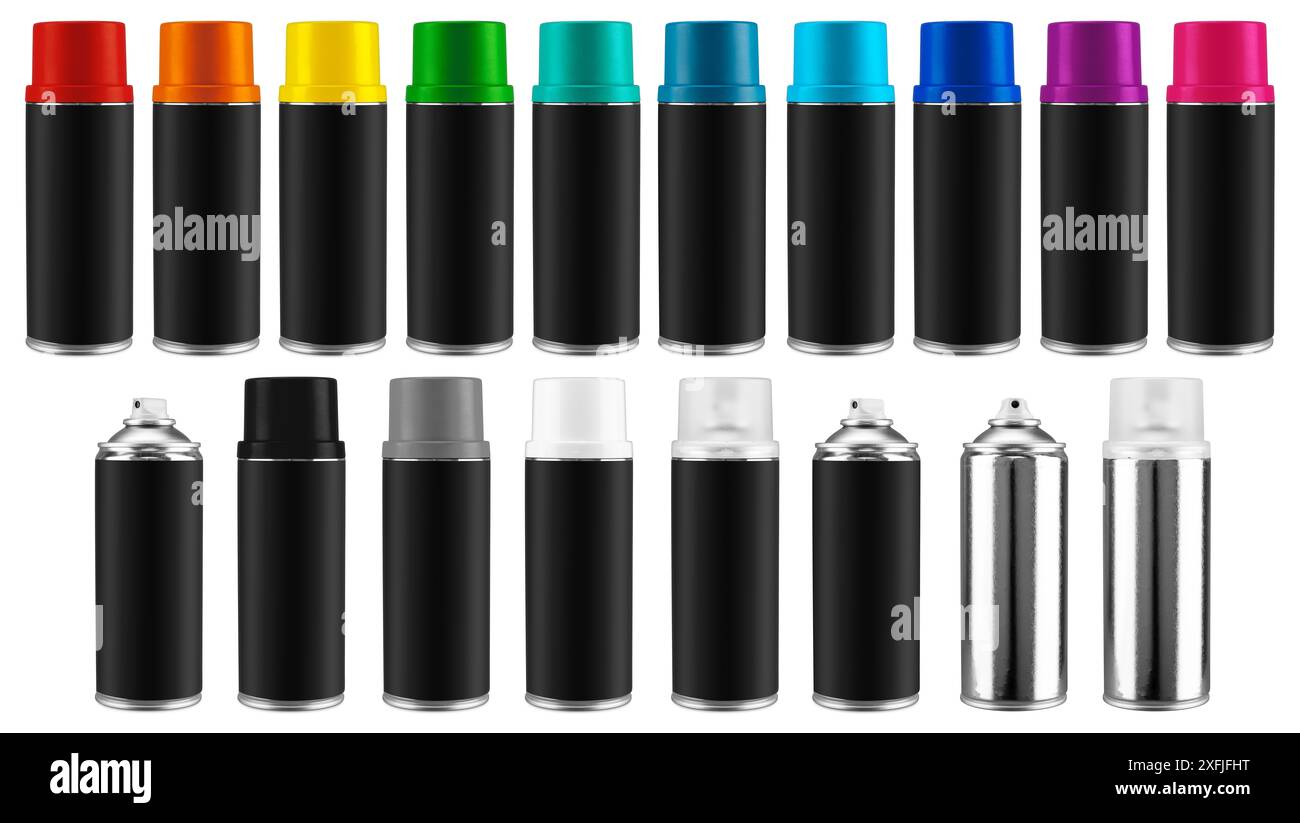 Set-Sammlung der Farbspraydose mit schwarzem leerem Etikett mit isoliertem weißem Hintergrund für den Kopierraum. modellmuster. Stockfoto