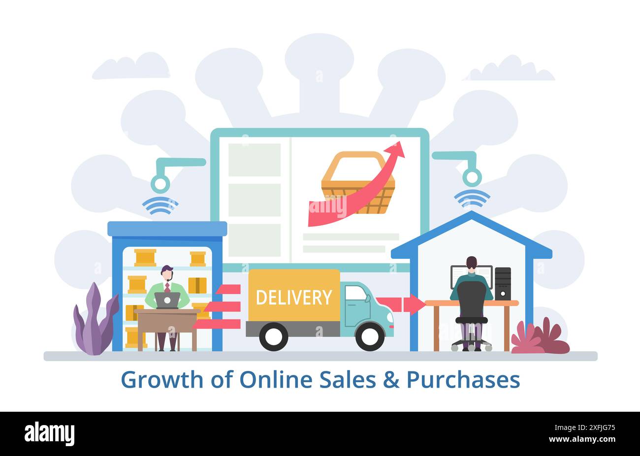 Wachstum des Online-Verkaufs- und Einkaufskonzepts, moderne flache Vektorillustration Stock Vektor