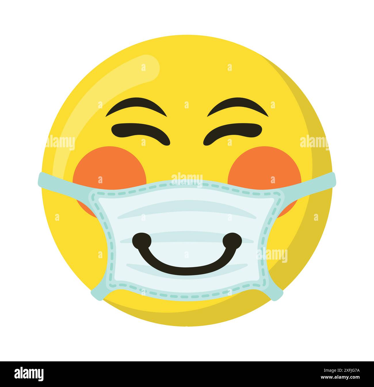 Gelbes Emoticon und Emoji-Lächeln in der medizinischen Maske, flache Vektorillustration Stock Vektor