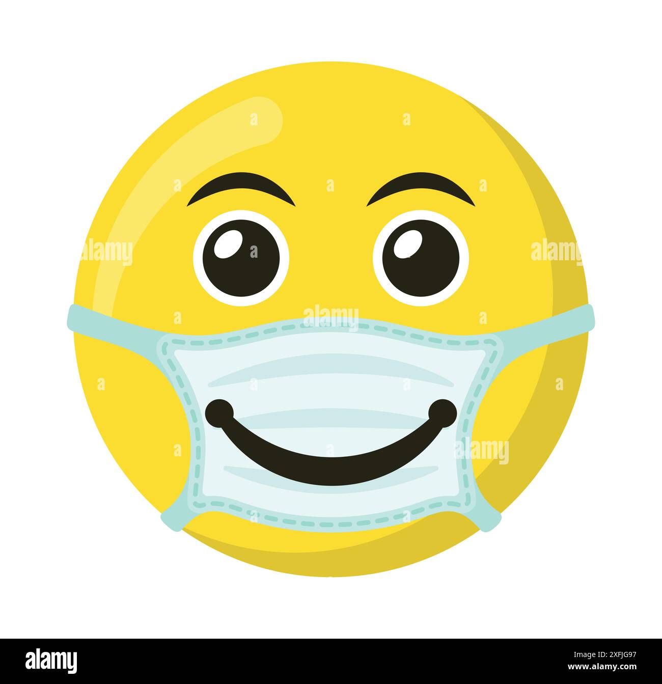 Gelbes Emoticon und Emoji-Lächeln in der medizinischen Maske, flache Vektorillustration Stock Vektor
