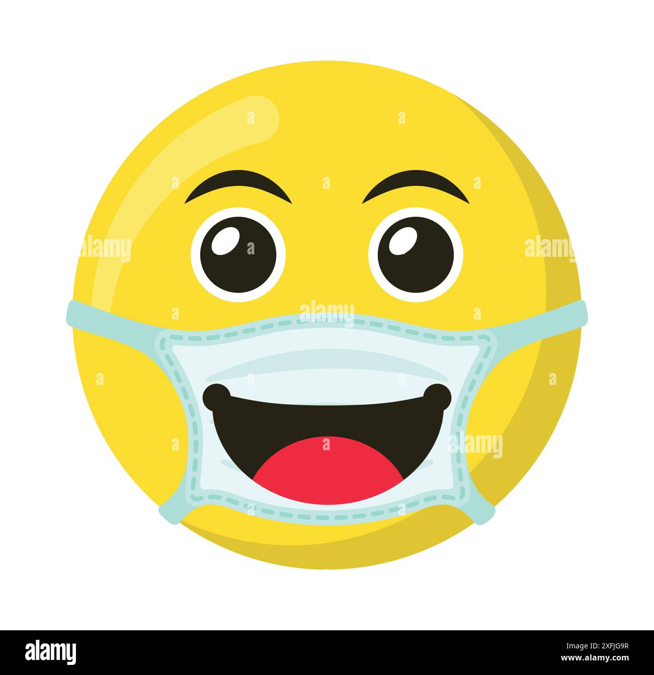 Gelbes Emoticon und Emoji-Lächeln in der medizinischen Maske, flache Vektorillustration Stock Vektor