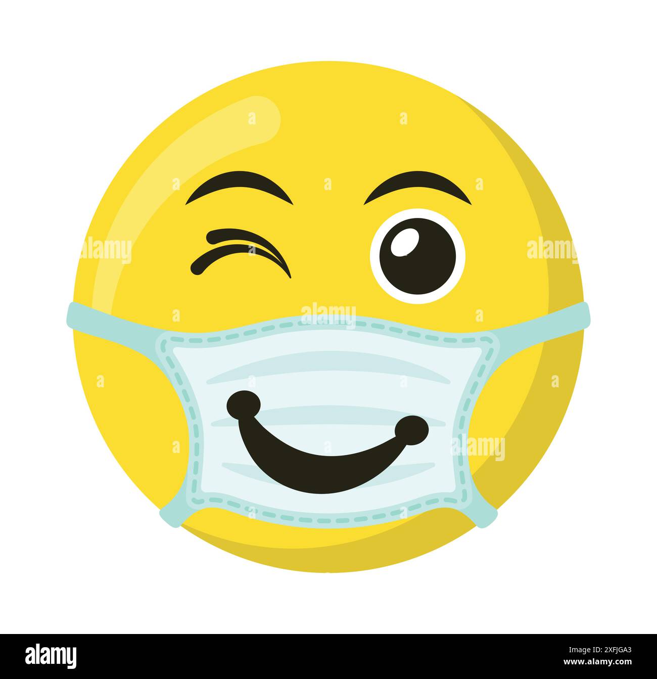 Gelbes Emoticon und Emoji-Lächeln in der medizinischen Maske, flache Vektorillustration Stock Vektor