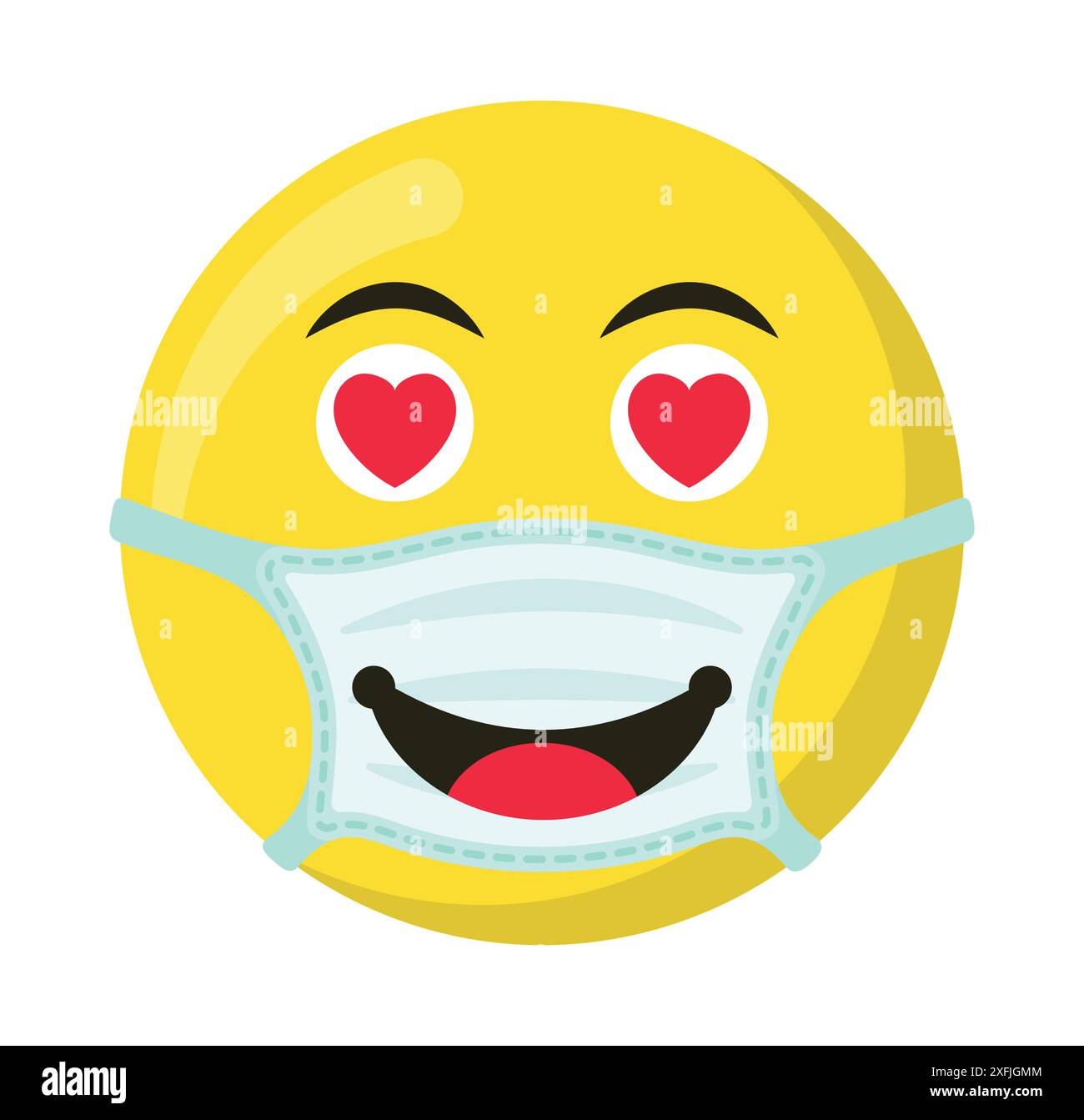 Gelbes Emoticon und Emoji-Lächeln in der medizinischen Maske, flache Vektorillustration Stock Vektor