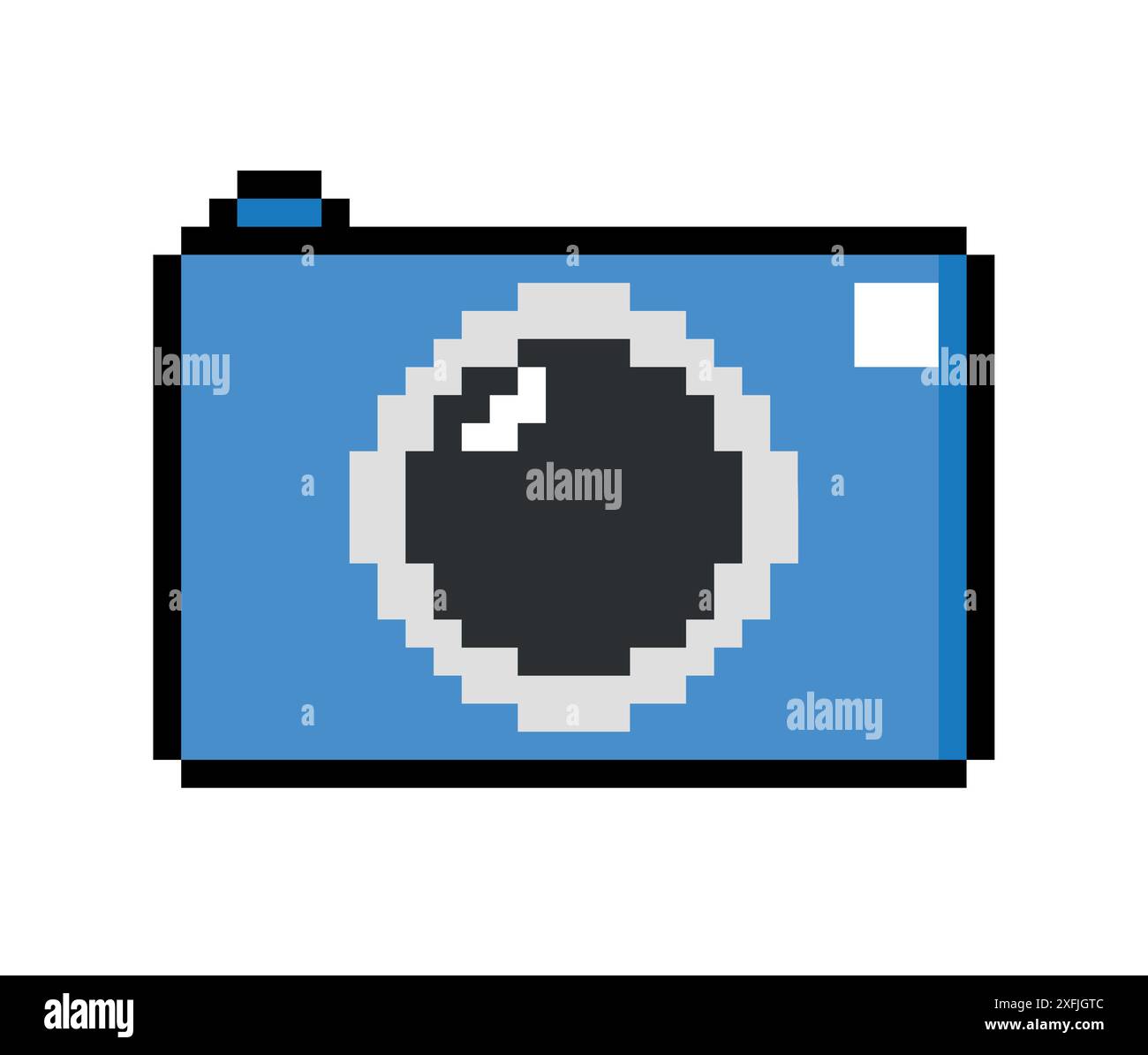 Blaues Foto-Kamera-Emoticon-Symbol, Pixel-Kunst-Design-Vektor-Illustration Stock Vektor