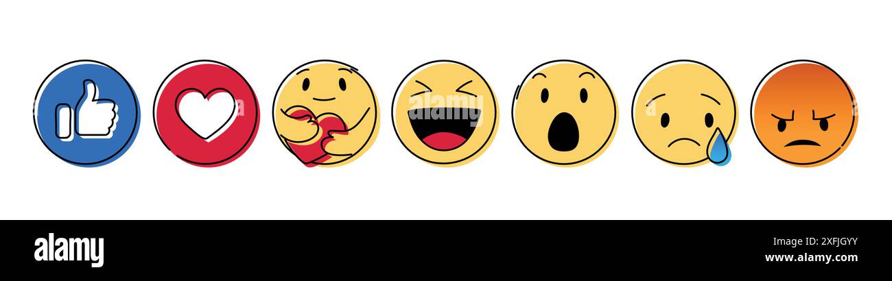 Satz von gelbem Emoticon und Emoji Lächeln, Hand gezeichnete Kunst Design Vektor Illustration Stock Vektor