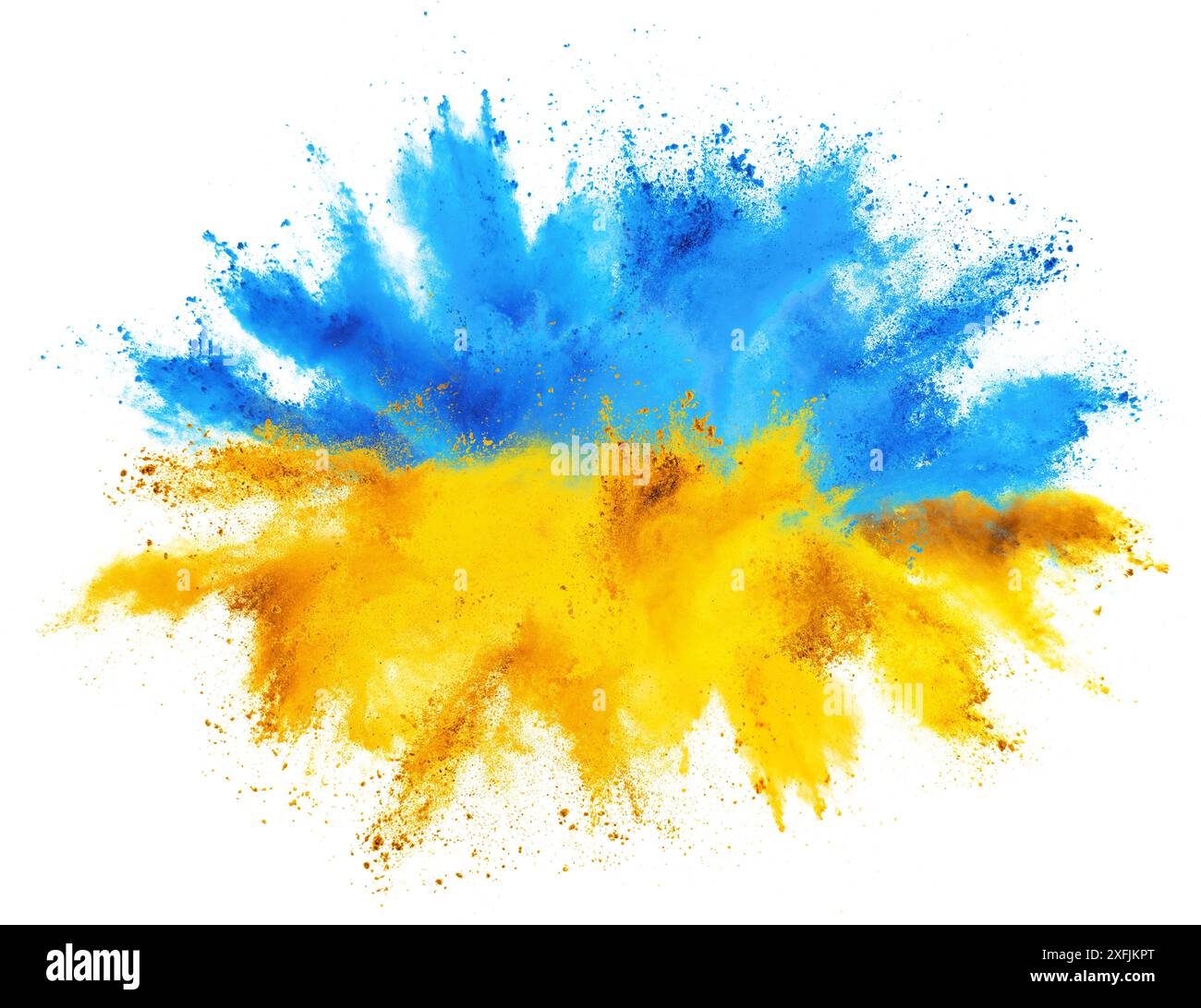 Bunte Ukrainan Flagge gelb blau Farbe holi Farbe Pulver Explosion Illustration isoliert auf weißem Hintergrund. russland ukraine Konflikt Krieg Freiheit Co Stockfoto