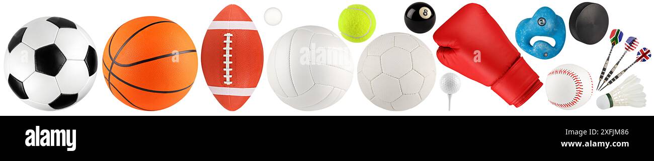 Set-Sammlung von verschiedenen Sportausrüstung und Ball wie Fußball american Football Basketball Handball Boxen isoliert auf weißem Hintergrund. Sportausrüstung A Stockfoto
